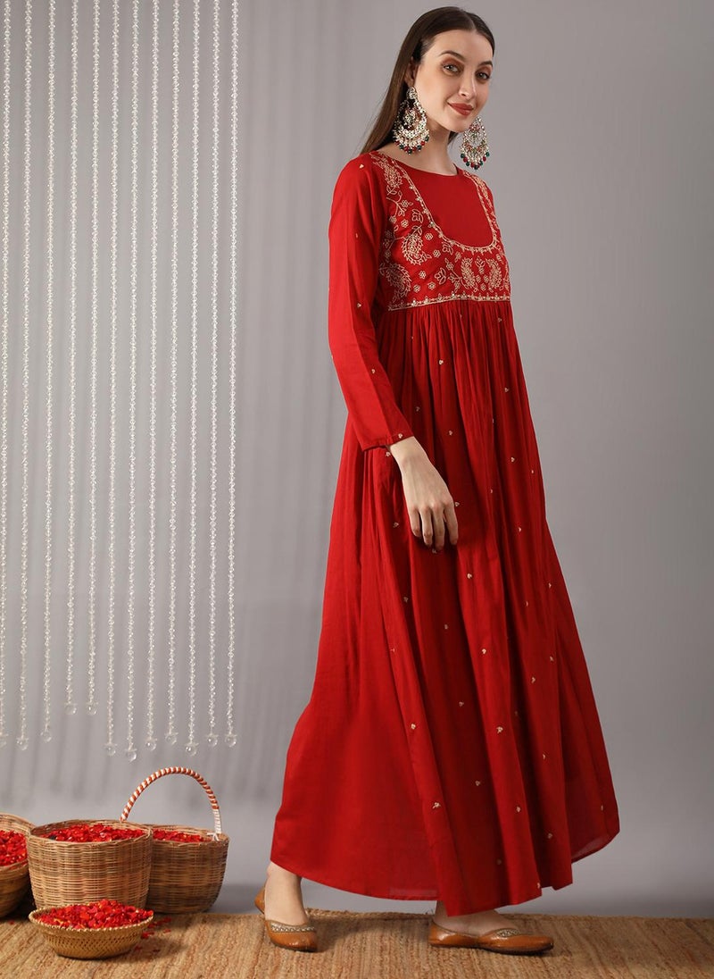 Globus Women Red Boat Neck Embroidered Gathered A-Line Maxi Festive Dress - Image 3